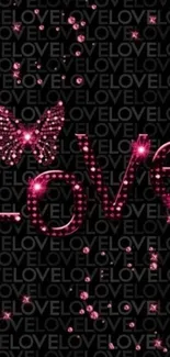 Sparkling pink 'Love' text with butterfly on black background.