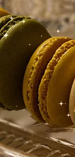 Golden brown and green macarons sparkling with elegance.