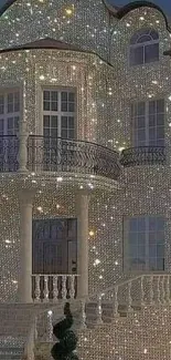 Sparkling mansion at night with dazzling lights.