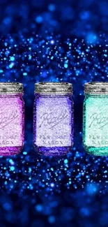 Sparkling Mason jars with blue bokeh background.