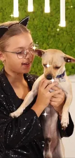 Girl in cat ears with sparkles holding a cute puppy, vibrant green backdrop.