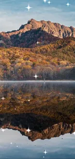 Mountain landscape with sparkling reflections on a calm lake in autumn.