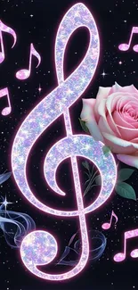 Sparkling treble clef with a pink rose and notes against a starry sky.