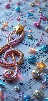 Vibrant wallpaper with shimmering music notes and stars on a blue background.