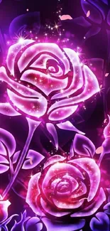 Vibrant neon pink roses with sparkling effects on a purple background.