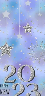 Sparkling 2023 New Year wallpaper with stars and silver accents.