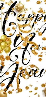 Happy New Year wallpaper with gold confetti and balloons.