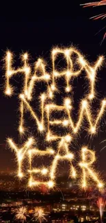 Sparkling New Year message with fireworks in a night city backdrop.