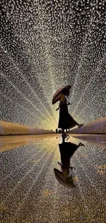 Silhouette with umbrella under sparkling gold lights.