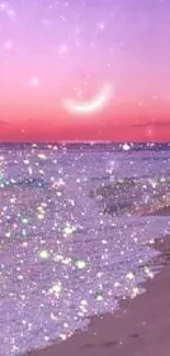 Sparkling sea under a purple sky with stars and crescent moon.