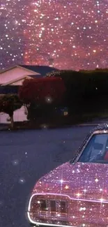 Sparkling night scene with car under starry sky.