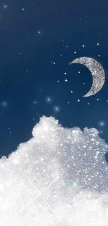 Glittering cloud with stars and a crescent moon in a dark blue night sky.