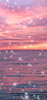 Sparkling ocean sunset with a pink sky and stars.