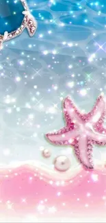 Sparkling wallpaper with pink starfish and ocean elements.