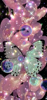 Sparkling butterfly resting on pink orchids with a starry background.