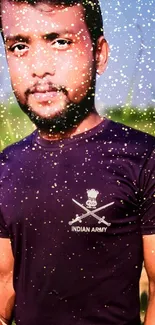 Mobile wallpaper featuring a sparkling portrait in nature with Indian Army attire.