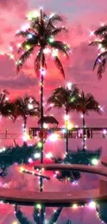 Palm trees sparkle under a vibrant pink sunset over a beach oasis.