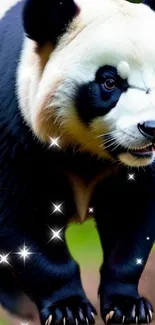 Majestic panda with sparkles on a vibrant green background.