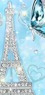 Eiffel Tower with butterflies in a sparkling blue wallpaper.