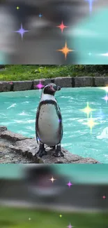 Vibrant wallpaper with penguin by a sparkling cyan pool.