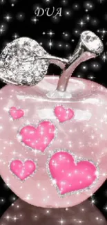 Pink apple with sparkling hearts on black background.