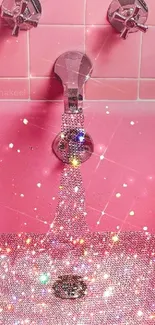 A dazzling rhinestone-filled pink bathtub creating a sparkling visual effect.