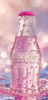 Sparkling pink Coke bottle with bubbles.