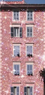 Sparkling pink building with glitter accents against a serene sky backdrop.