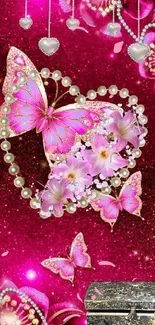 Vibrant magenta wallpaper with pink butterflies and pearls.