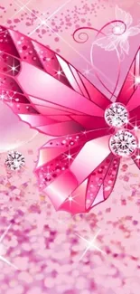 Sparkling pink butterfly with gemstones on a wallpaper.