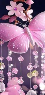 Pink butterfly with sparkling gems and flowers on dark background.