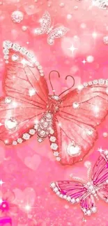 Pink butterfly wallpaper with diamonds and floral accents.