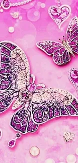 Vibrant pink wallpaper with jeweled butterflies and heart designs.