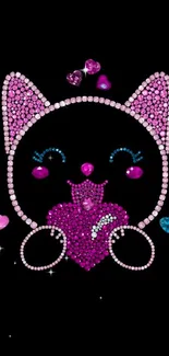 Sparkling pink cat design with gemstones on a black background.