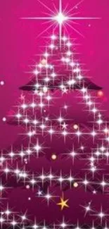 Sparkling pink Christmas tree with starry lights on a festive background.