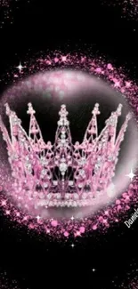 Pink sparkling crown illustration on a black background wallpaper.