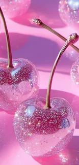 Shiny pink crystal cherries on pink background.