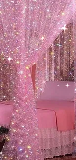 Luxurious bedroom with pink sparkling curtains.