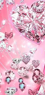 Pink background with sparkling diamond hearts and butterflies.