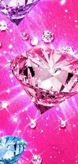 Sparkling pink diamonds and gems on vibrant background.