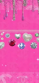 Vibrant pink wallpaper with sparkling gemstones and heart designs.