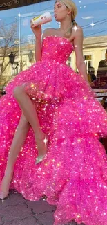 Glamorous woman in sparkling pink dress enjoying a drink outside a café.