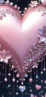 Pink sparkling heart with flowers and gems wallpaper.
