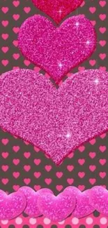 Mobile wallpaper of sparkling pink hearts with a dotted pattern background.