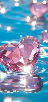Sparkling pink heart floating on clear water.