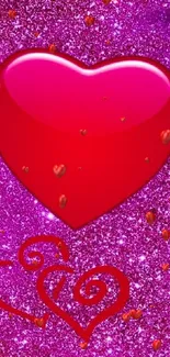 Mobile wallpaper with sparkling pink background and bright red hearts.