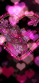 Pink heart with floral jewels on black wallpaper.