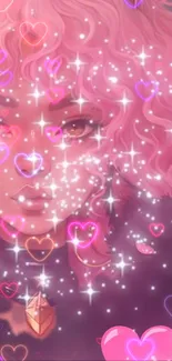 Mobile wallpaper with pink hair, glowing hearts, and sparkling stars.