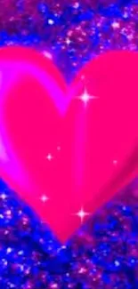 Sparkling pink heart on vibrant glitter background.