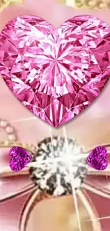 Sparkling heart with diamonds on pink background.